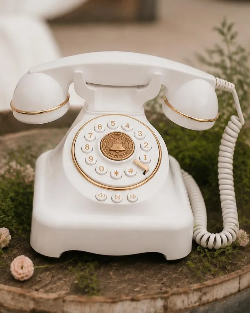 Das Audio-Telefon: weisses Retro-Telefon mit Goldrand und Tastenwählscheibe, auf einem Weinfass zwischen Grün und Blumen